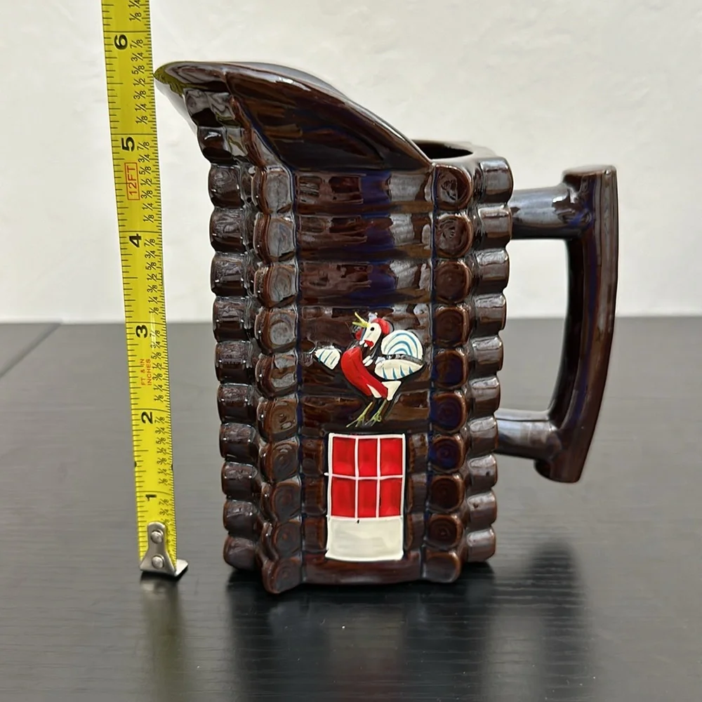 Brown Luster Ceramic Log Cabin Vintage Pitcher